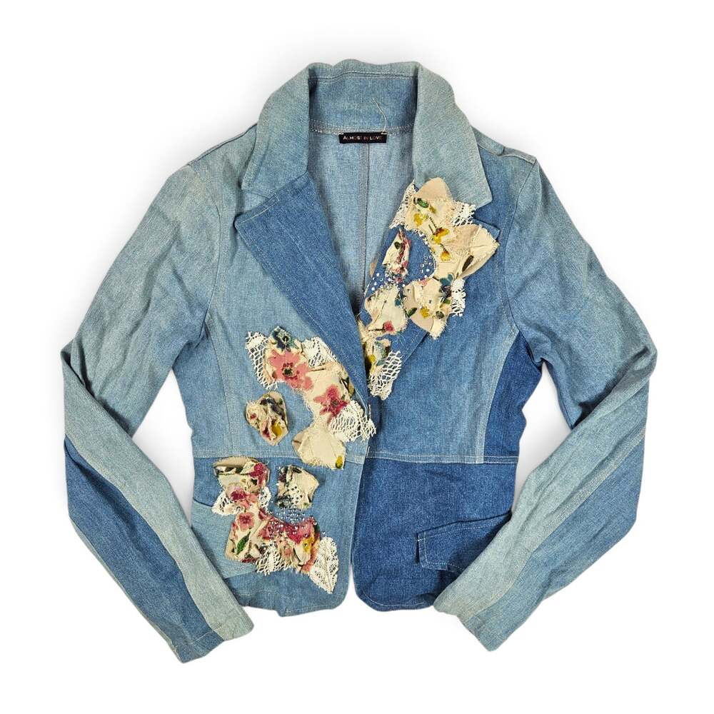 Y2k Patchwork Denim Blazer Jacket Floral Lace Applique - Medium